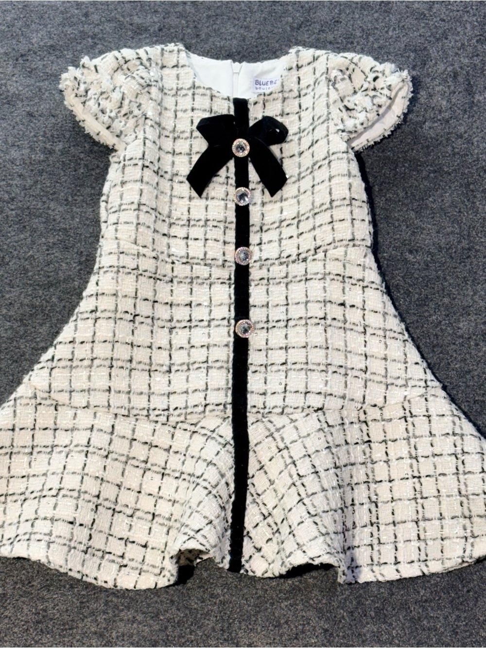 Blueberry Boulevard Tweed Baby Girl Dress with Black Bow